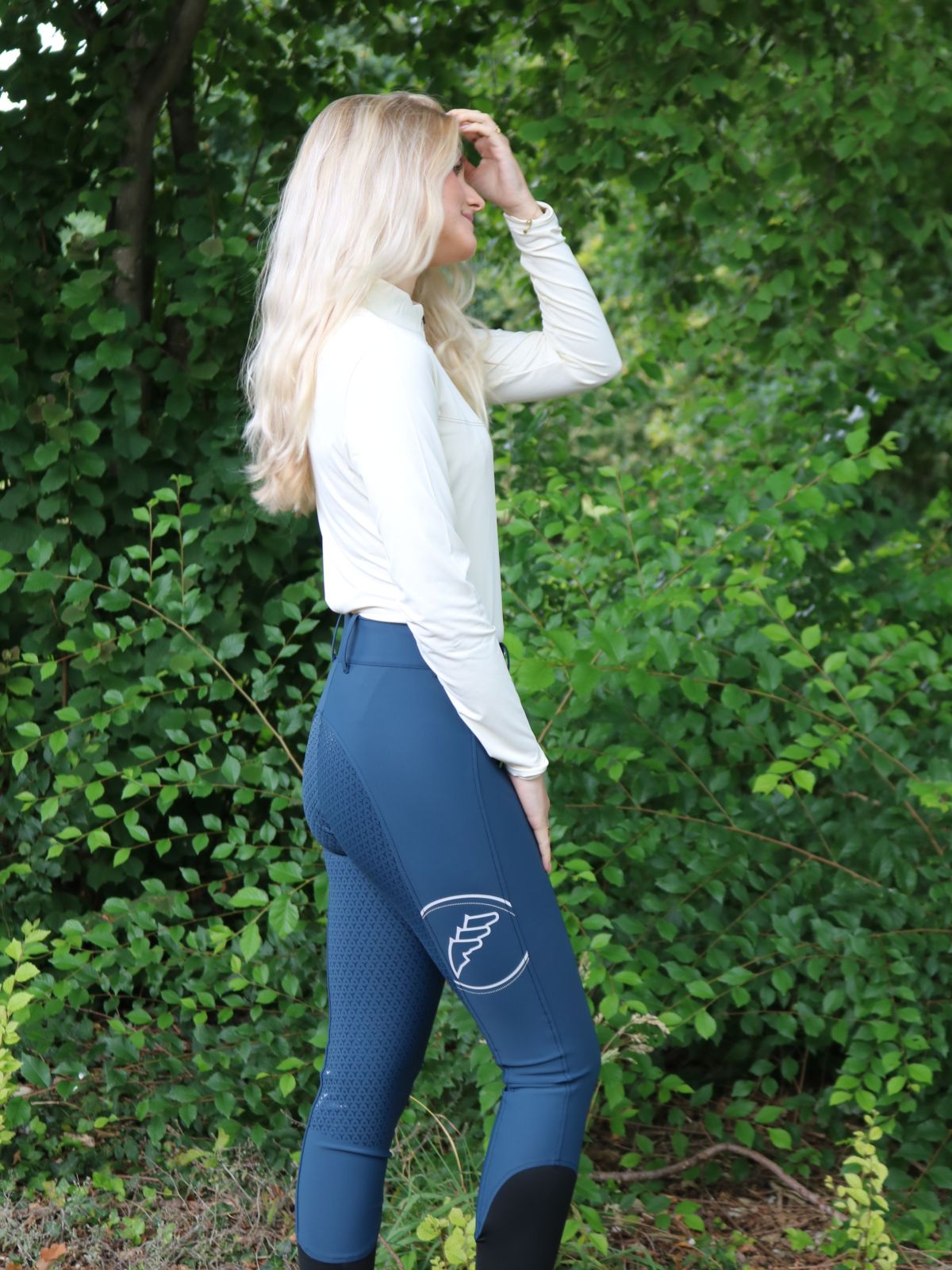 Pantalon d'équitation Equiline femme pleine adhérence taille haute Eufrefh Legion Blue